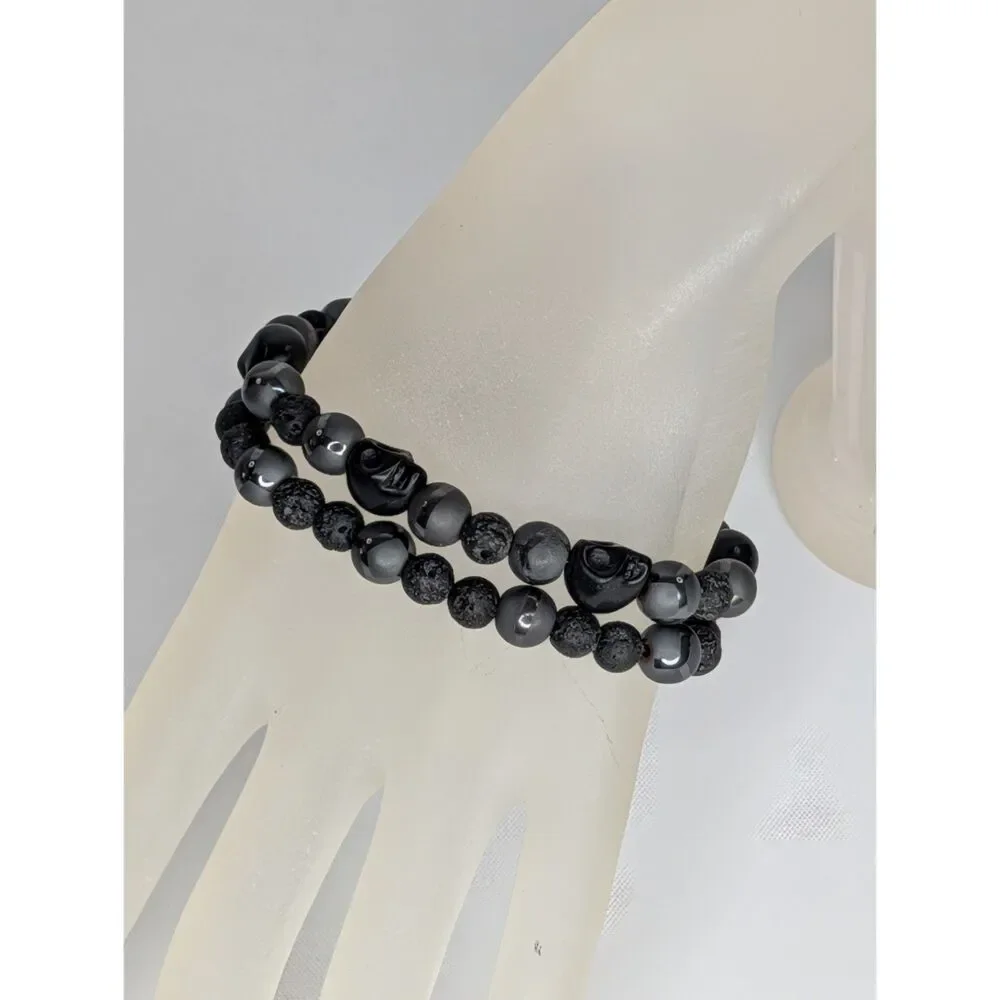 Black Lava Stone, Skull, & Hematite Stretch Bracelets
